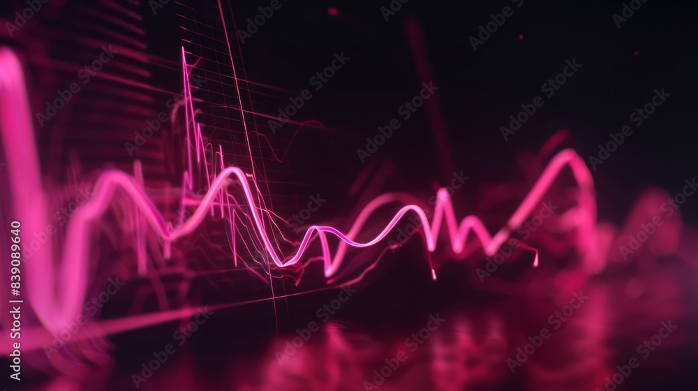 A 3D render featuring an abstract ECG health medical monitor displaying a heartbeat rate in rose pink color against a sleek black background The saberlike lines of the heartbeat cr A 3D render featuring an abstract ECG health medical monitor displaying a heartbeat rate in rose pink color against a sleek black background The saberlike lines of the heartbeat cr