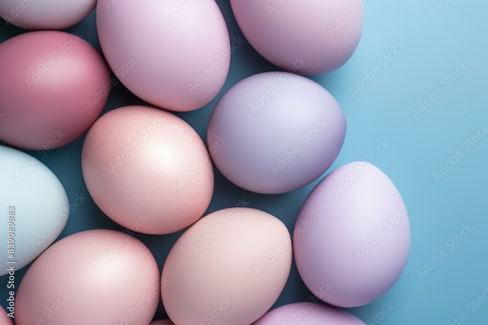 Collection of multicolored pastel eggs arranged neatly against a soft blue backdrop Collection of multicolored pastel eggs arranged neatly against a soft blue backdrop