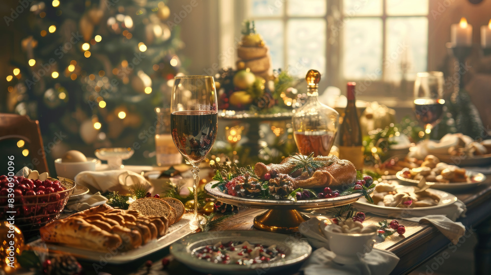 A festive Christmas dinner table setting with a decorated tree in the background. A glass of red wine, a bottle of wine, and an assortment of delicious food adorn the table A festive Christmas dinner table setting with a decorated tree in the background. A glass of red wine, a bottle of wine, and an assortment of delicious food adorn the table