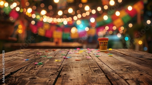 Long shot of a weathered wooden table, lively Mexican fiesta background with brilliant bokeh lights, traditional decorations, ample space for products, cheerful and celebratory atmosphere © LightoLife
