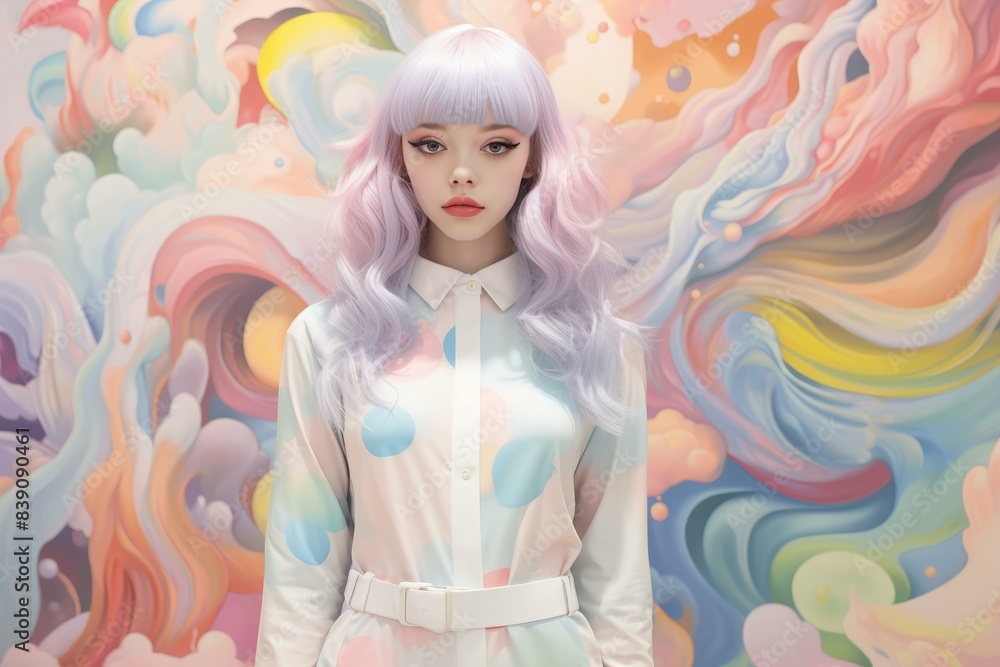 Digital art portrait of a person with pastel hair against a vibrant, dreamlike abstract backdrop Digital art portrait of a person with pastel hair against a vibrant, dreamlike abstract backdrop