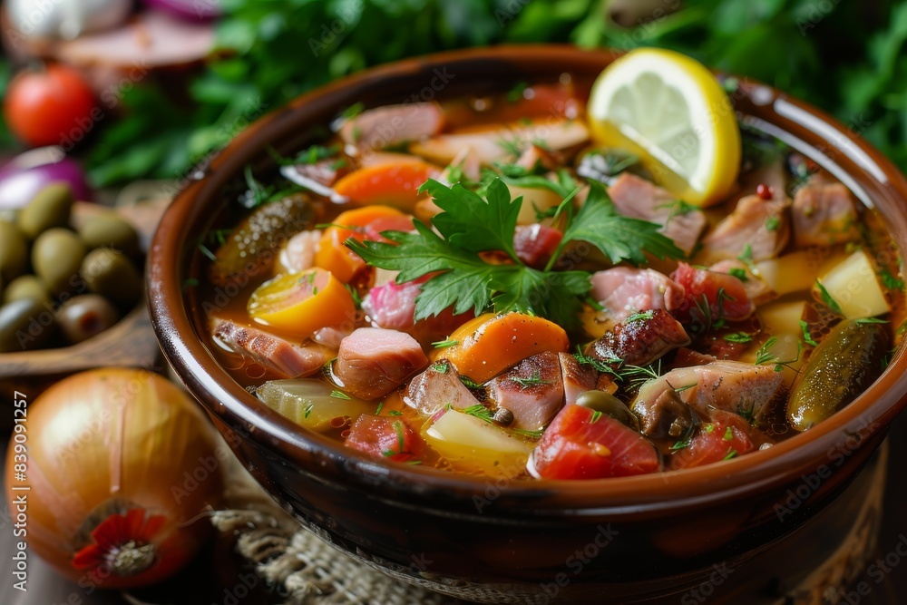 Meat Solyanka, Soljanka or Saltwort Soup with Beef, Ham, Sausages, Chicken Breast, Cucumber Pickles Meat Solyanka, Soljanka or Saltwort Soup with Beef, Ham, Sausages, Chicken Breast, Cucumber Pickles