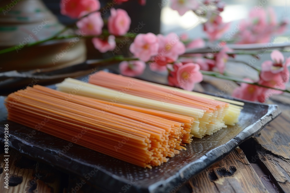 Somen noodles, similar to silk threads, are eaten in Japan during the Tanabata holiday. Noodles, macaroni or pasta of different varieties. Somen noodles, similar to silk threads, are eaten in Japan during the Tanabata holiday. Noodles, macaroni or pasta of different varieties.