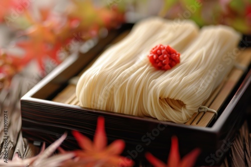 Somen noodles, similar to silk threads, are eaten in Japan during the Tanabata holiday. Noodles, macaroni or pasta of different varieties. photo