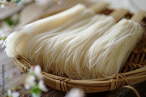 Somen noodles, similar to silk threads, are eaten in Japan during the Tanabata holiday. Noodles, macaroni or pasta of different varieties. photo