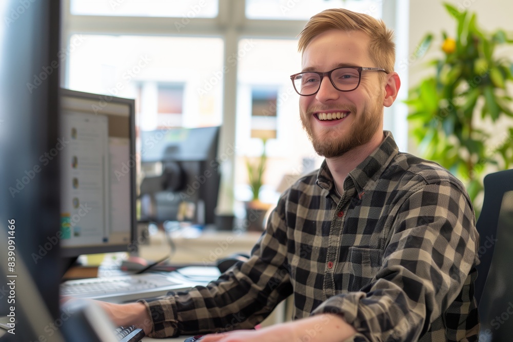 Smiling Office Employee Working on Computer - Productive Office Worker at PC Smiling Office Employee Working on Computer - Productive Office Worker at PC