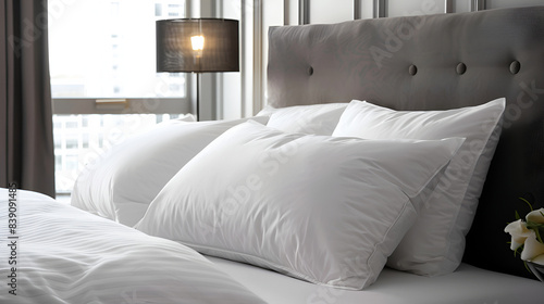 Pillows and blanket with the white color close up with blurred backgroundWhite pillow and blanket on bed decoration in beautiful luxury bedroom interior
 photo