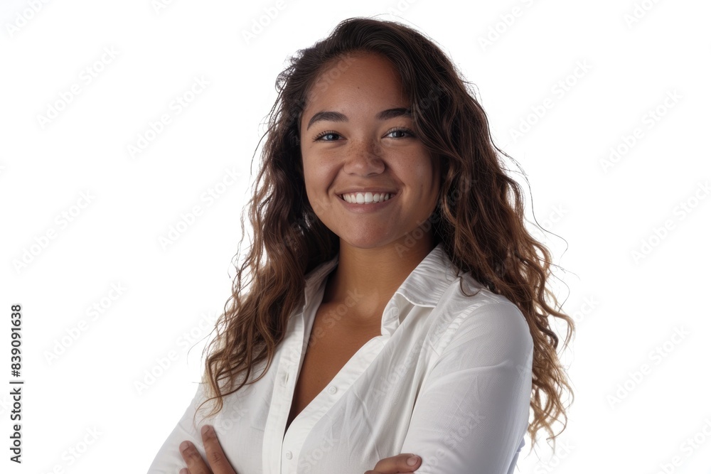 Young mixed race businesswoman with arms folded smiling isolated on white background Young mixed race businesswoman with arms folded smiling isolated on white background