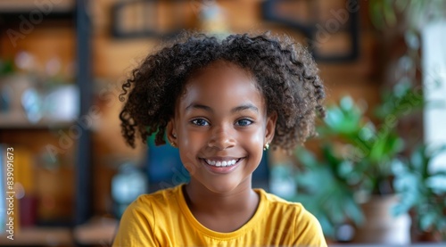 Smiling Young Girl With Curly Hair in Yellow Shirt Indoors