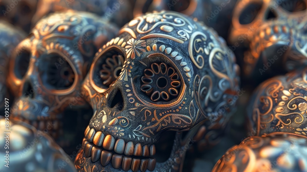 Low-angle perspective of Day of the Dead festival, detailed skulls pattern, vivid Dia de los Muertos motifs, traditional Mexican Halloween themes