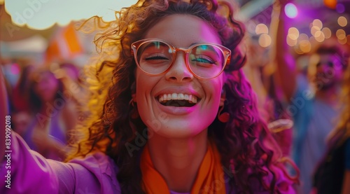 Woman With Glasses Smiles During a Concert at Night