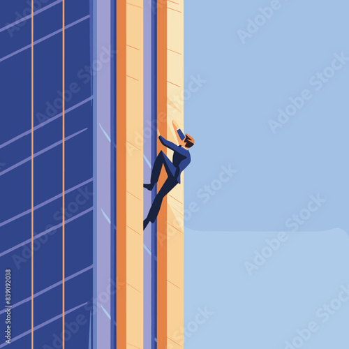 Man climbing skyscraper, city adventurer scaling building walls, urban climber action. Daredevil businessman performing stunt outside office tower, extreme sports city environment. Animated climber