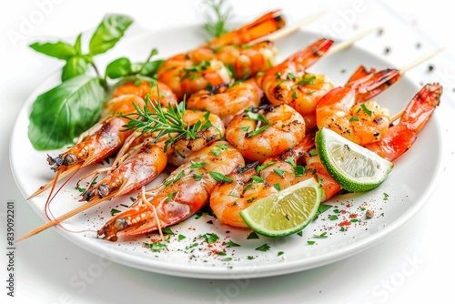 Skewered Tiger Prawns, Grilled King Shrimps, Prawns Fried with Garlic, Herbs, Spices, Lime and Greens
