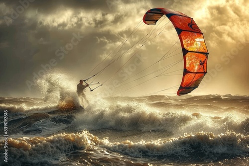 Kite Surfing: A kite surfer riding waves with a colorful kite, showing the combination of wind and water sports.