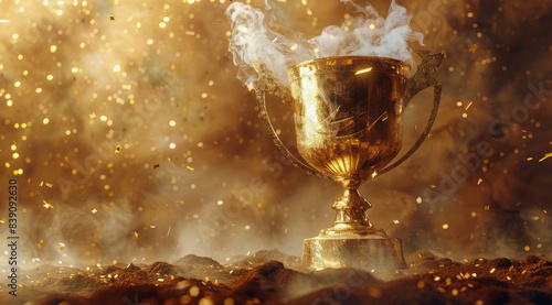 Golden Trophy With Smoke and Confetti Explosion