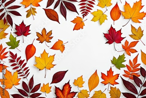 Bright autumn leaves in the form of a wedge on a white background. Autumn background in the form of a frame.