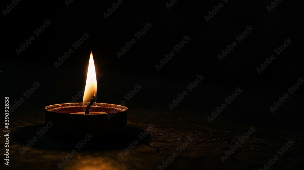 Low-angle shot of a small lone candle flickering against a stark black backdrop, generous copy space, photorealistic detail, intense focus on flame Low-angle shot of a small lone candle flickering against a stark black backdrop, generous copy space, photorealistic detail, intense focus on flame