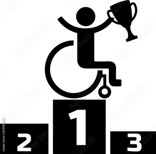 Silhouette of a Wheelchair Athlete Celebrates Victory on Podium, Winning Trophy for Achievements in Sports.