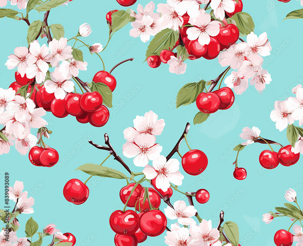 A repeating pattern of red cherries and white flowers on a blue background.
A repeating pattern of red cherries and white flowers on a blue background.