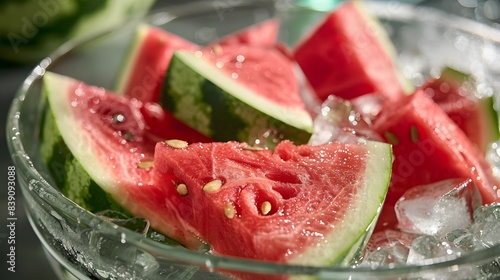 A bowl of watermelon slices with ice cubes