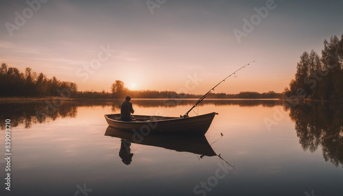 man fishing in wood humble boat in calm waters by the lake in the beautiful sunset and reflection

