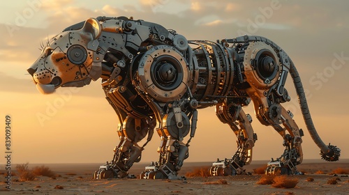 A majestic mechanical lion stands in a desert landscape at sunset, its gears and cogs gleaming. photo