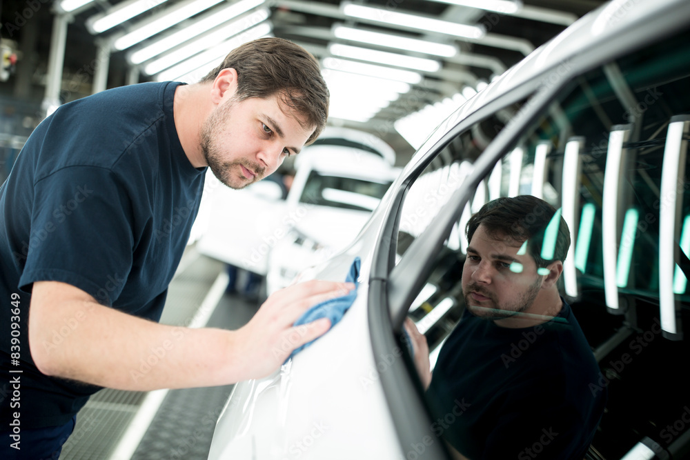 Man working in modern car factory wiping finished car Man working in modern car factory wiping finished car