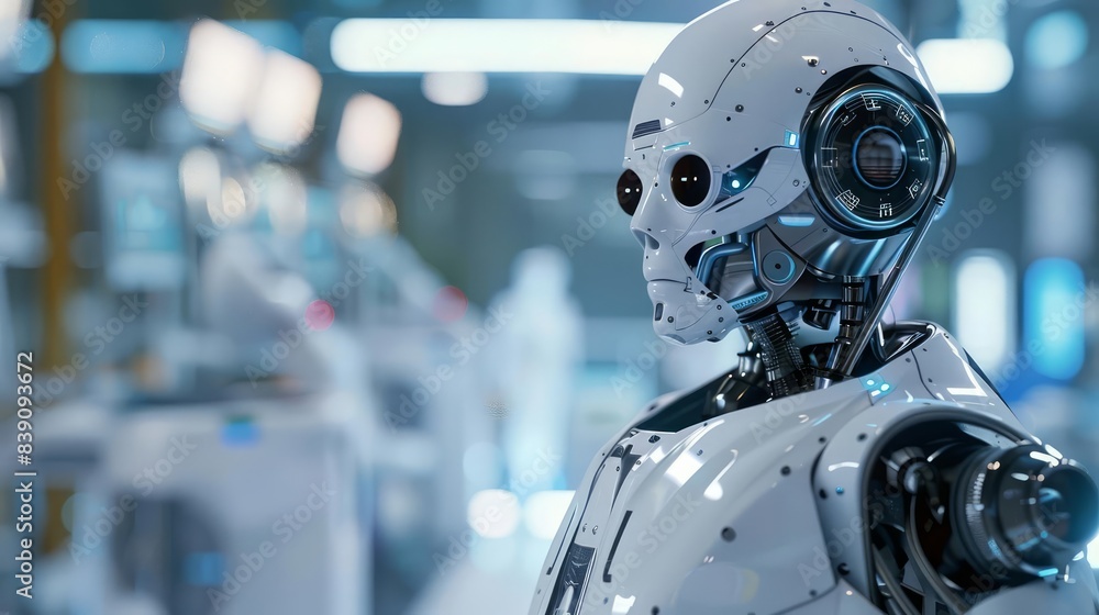 A highly detailed 3D render of an AI robot in a modern medical setting A highly detailed 3D render of an AI robot in a modern medical setting