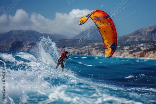 Kite Surfing: A kite surfer riding waves with a colorful kite, showing the combination of wind and water sports.