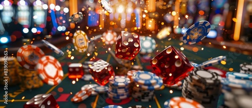 A realistic casino scene featuring a dynamic background with flying chips, golden coins, and dice, creating an atmosphere of excitement and chance © JK_kyoto