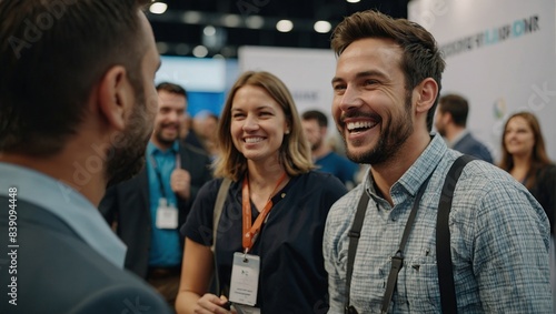 Close up picture of a happy and laughing staff or participant people group listening to a startup business owner at a trade show exhibition event