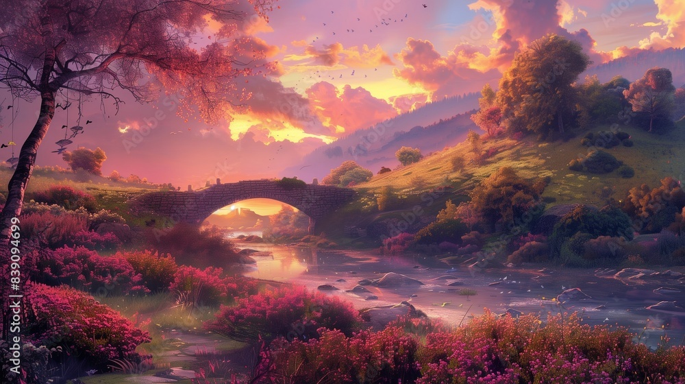 A peaceful countryside scene with a winding river and a quaint bridge, the sky above painted in shades of pink and orange. A peaceful countryside scene with a winding river and a quaint bridge, the sky above painted in shades of pink and orange.