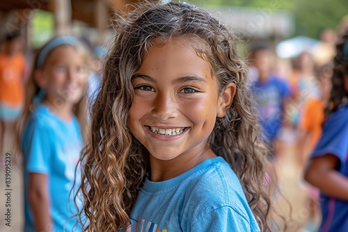 Smiling girl with curly hair enjoying a summer camp photo