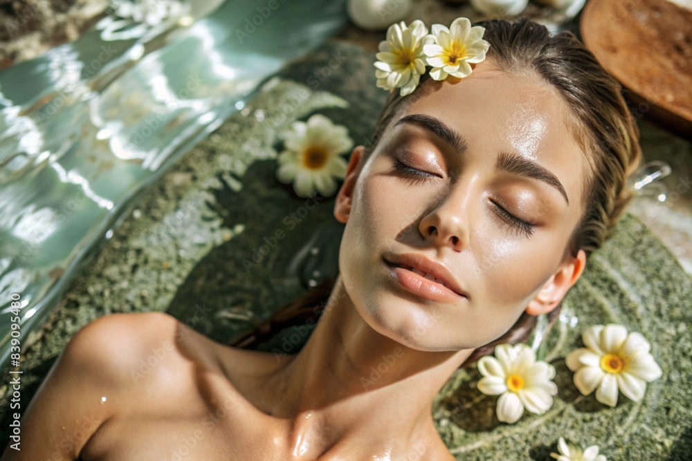 Close-up. View from above. A young, beautiful woman on spa treatments at beauty spa. The concept of a healthy lifestyle, relaxation, beauty treatments, self-love. Close-up. View from above. A young, beautiful woman on spa treatments at beauty spa. The concept of a healthy lifestyle, relaxation, beauty treatments, self-love.