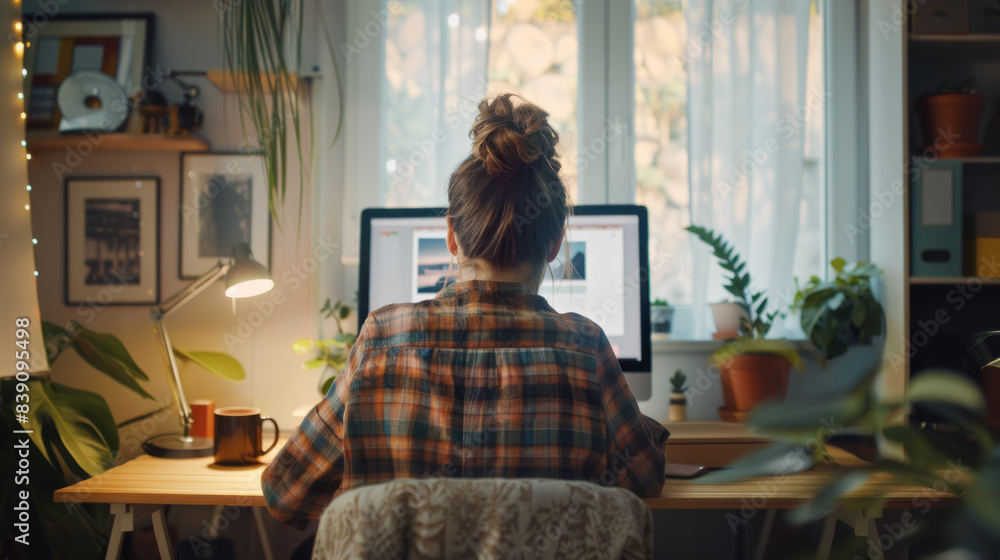 a Brazilian freelancer designing a website from a minimalist home office, focusing on the screen