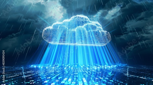 Digital cloud with binary code and light beams, symbolizing data transfer and cloud computing, set against a stormy sky.