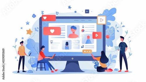 Wallpaper Mural Illustration of people interacting with a large social media interface, representing online communication and social networking. Torontodigital.ca