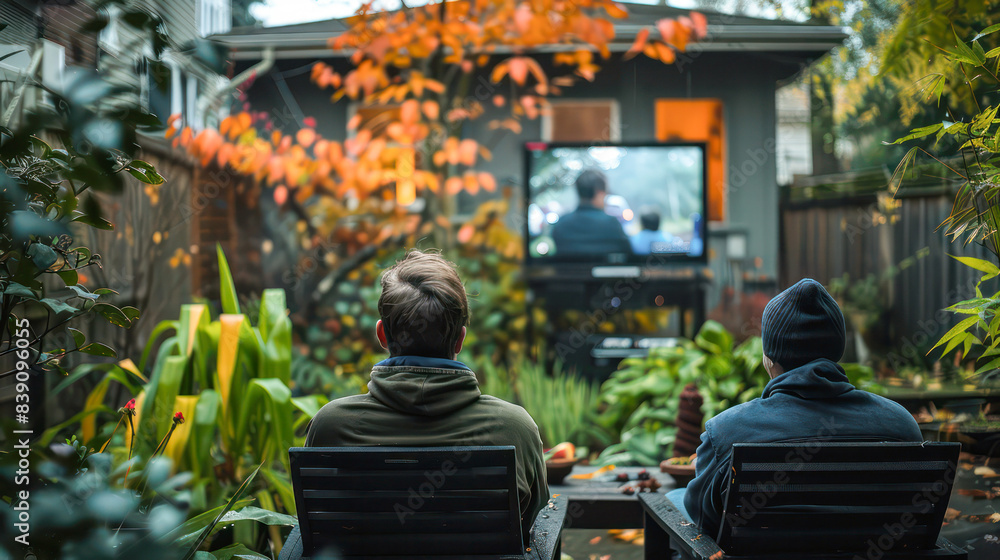 Naklejka premium Friends Watching Sports On Big Screen In Backyard.Generative AI