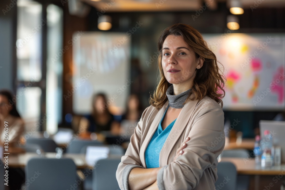 a Caucasian businesswoman organizing a workshop on cross-cultural communication in a modern conference room a Caucasian businesswoman organizing a workshop on cross-cultural communication in a modern conference room