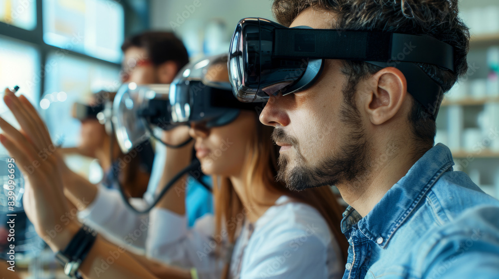 a Caucasian tech team developing augmented reality tools for educational purposes in a state-of-the-art lab a Caucasian tech team developing augmented reality tools for educational purposes in a state-of-the-art lab