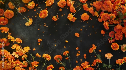 Marigold flower garlands seen from below, set against a dark backdrop, celebrating Day of the Dead, with vivid oranges and yellows closely captured, leaving generous copyspace © LightoLife