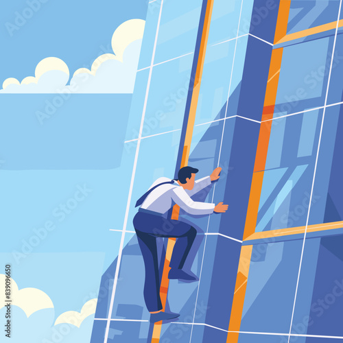 Businessman climbing outside modern building, cityscape, career growth concept, success challenge. Professional male scaling glass skyscraper, blue sunny sky, urban achievement, ambition metaphor