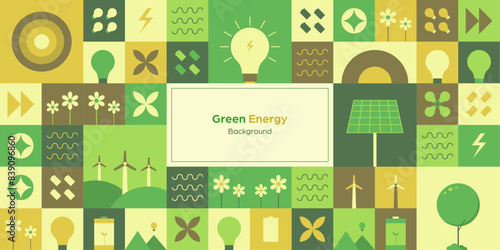 Green energy and the world environment day with a geometric seamless pattern design template. Simple shapes like a tree, bulbs, flowers, batteries, and more are featured in the mosaic background.