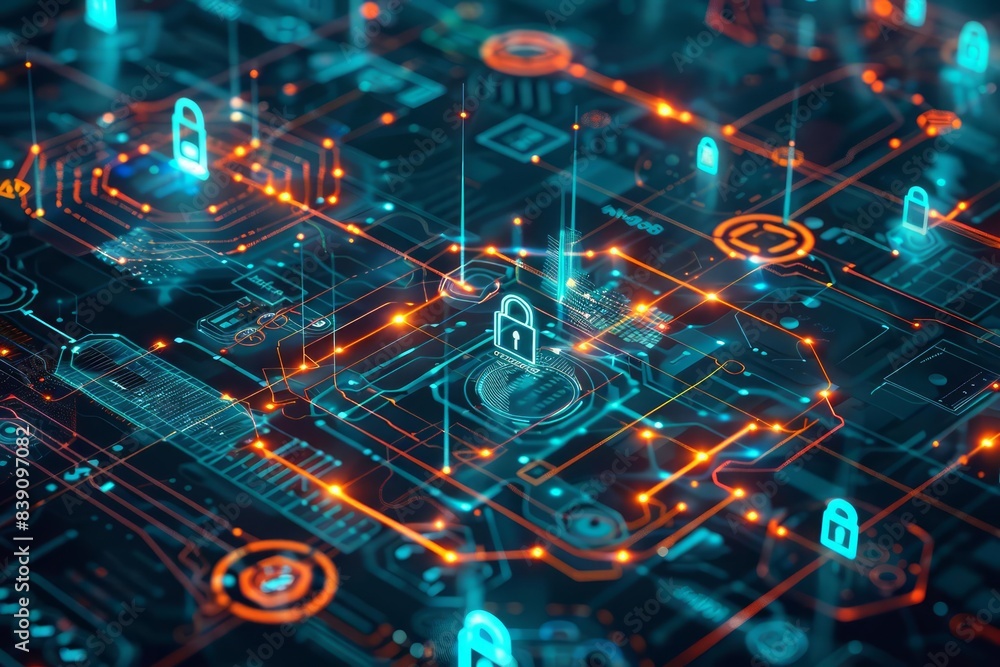 A surreal digital illustration depicting hacker prevention and network protocol security Various digital locks A surreal digital illustration depicting hacker prevention and network protocol security Various digital locks