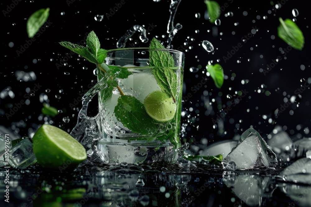 Alcohol mojito cocktail splash with mint and ice on black background mojito mojito Alcohol mojito cocktail splash with mint and ice on black background mojito mojito