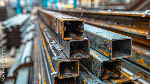 Rusty square shaped metal profile at construction site, selective focus, iron or steel plates stacked in heavy industry, Metal profile of the pipe lies on the shelves in the workshop
