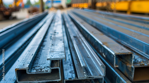 Rusty square shaped metal profile at construction site, selective focus, iron or steel plates stacked in heavy industry, Metal profile of the pipe lies on the shelves in the workshop


