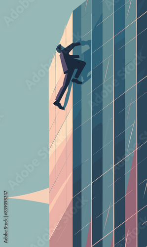 Businessman climbing skyscraper, concept success, ambition. Elegant male figure ascending glass building, metaphor career growth. Daring climb up corporate ladder, determination business