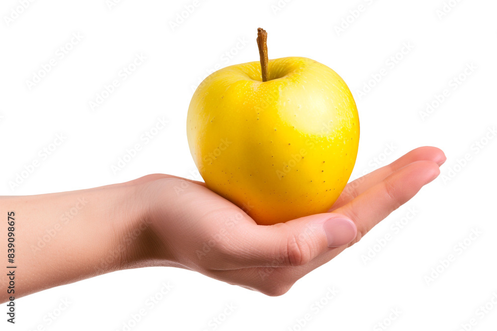 Hand holding a yellow apple isolated on transparent background Hand holding a yellow apple isolated on transparent background