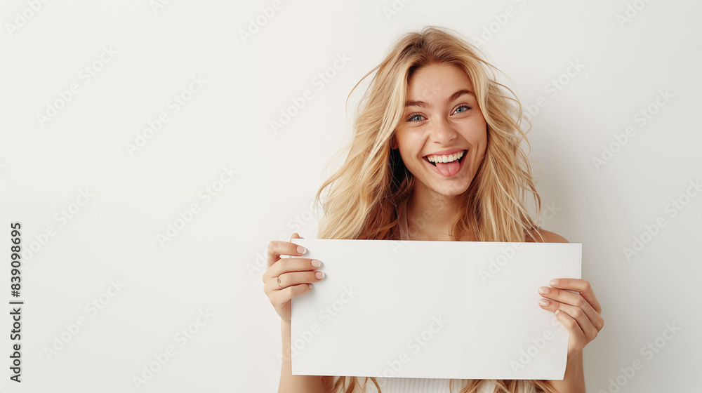 Smiling Blonde Woman Holding Blank Sign Against White Background Smiling Blonde Woman Holding Blank Sign Against White Background